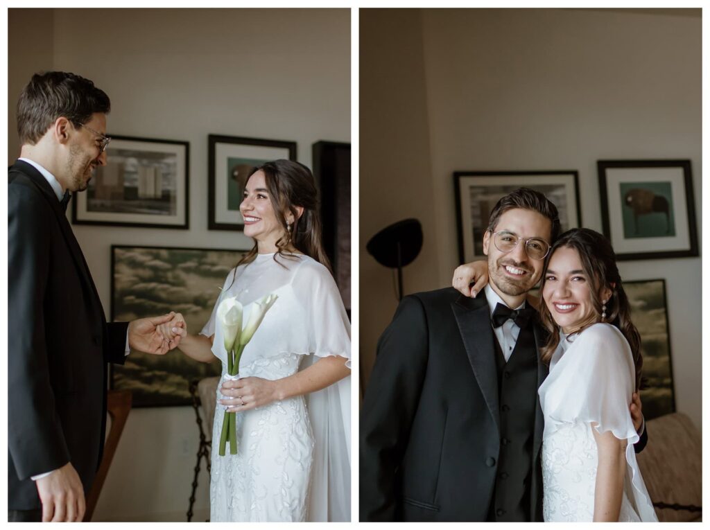 Bride and groom sharing a first look in their hotel room before their Bowie House wedding in Fort Worth, standing by a large window overlooking the city in soft natural light.