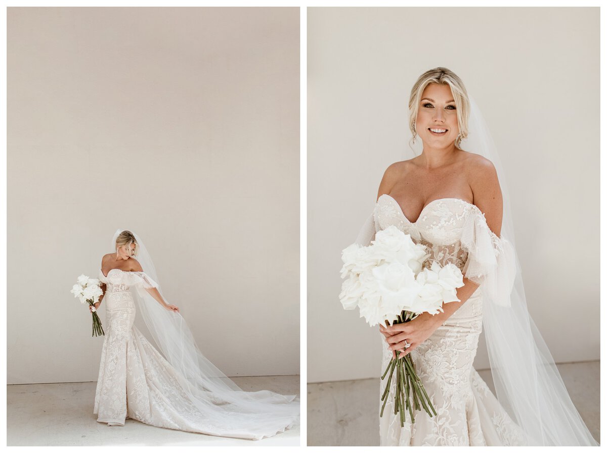 Bride at Lazy S Hacienda wedding venue posing with her bouquet in an off-the-shoulder lace gown and long veil. Elegant getting ready wedding photos showcasing bridal beauty.