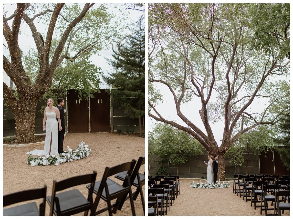 A heartfelt first touch moment at Artspace111 Fort Worth wedding, where the bride and groom stand back-to-back, holding hands and exchanging personal vows before their ceremony.