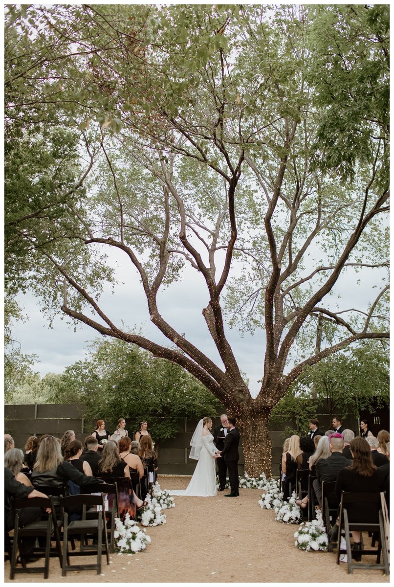 A romantic outdoor ceremony at an Artspace111 Fort Worth wedding, where the bride and groom stand beneath a grand tree wrapped in twinkling string lights. Surrounded by friends and family seated along a flower-lined aisle, they exchange vows in a beautifully intimate garden setting.