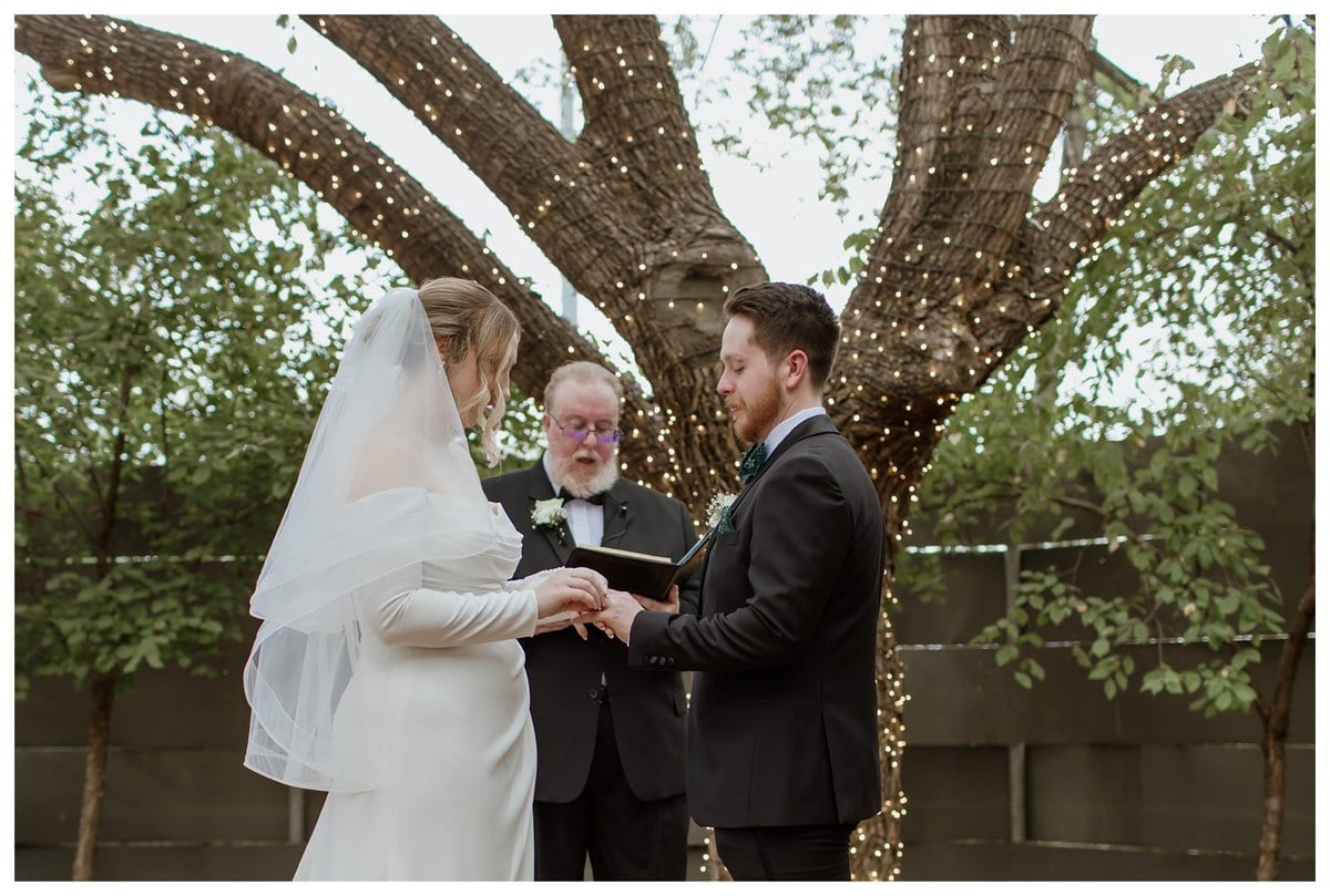 A heartfelt moment during an Artspace111 Fort Worth wedding, as the bride and groom exchange rings beneath a majestic tree adorned with twinkling fairy lights. The bride, in an elegant off-the-shoulder white gown and flowing veil, gently places the ring on the groom’s finger. The intimate garden setting enhances the romantic ambiance of this unforgettable ceremony.