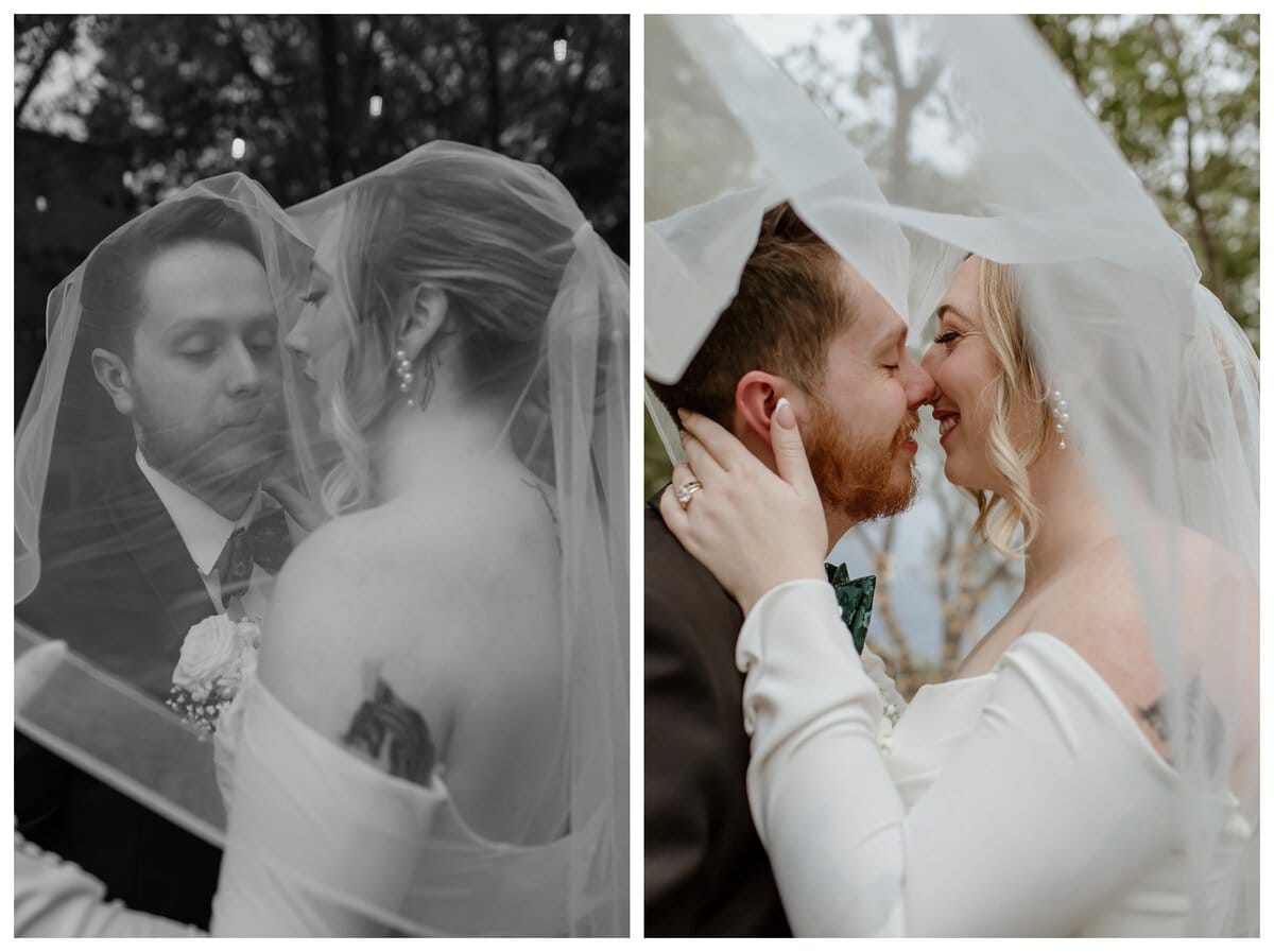 A romantic moment between a bride and groom at their Artspace111 Fort Worth wedding, as they share a joyful embrace under the bride’s veil.