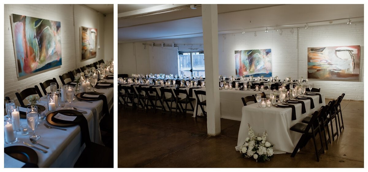 Elegant reception setup at an Artspace111 Fort Worth wedding, featuring modern black and white tablescapes with candlelit ambiance. The industrial-chic venue showcases contemporary artwork on white brick walls, creating a stylish and intimate setting for a romantic celebration.