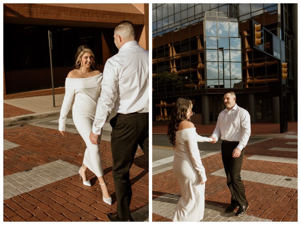 Engagement photos in downtown Fort Worth with a couple walking on red brick streets, bathed in golden sunlight, sharing a fun moment.