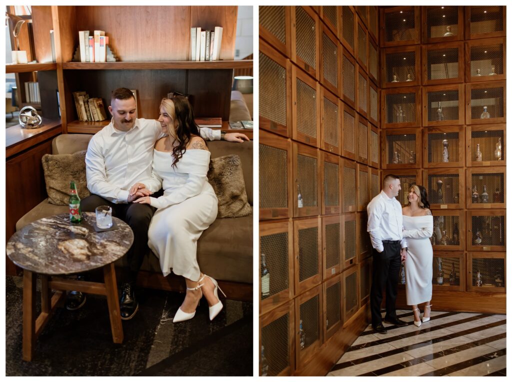 Engaged couple in a stylish downtown Fort Worth bar during their engagement photo session.