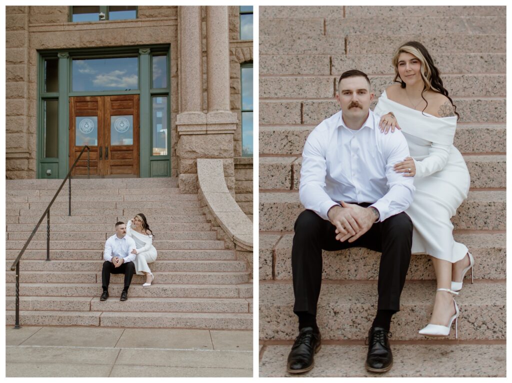 Engaged couple posing on the historic stone steps of the Tarrant County Courthouse in downtown Fort Worth, with the courthouse's grand architecture in the background.