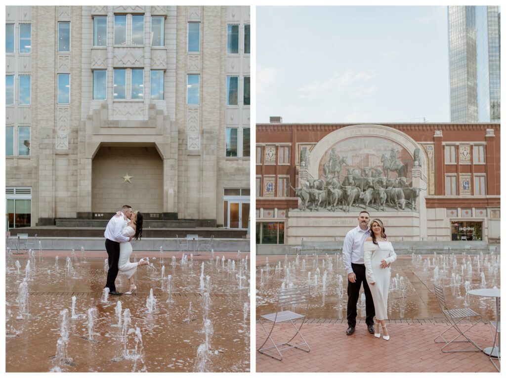 Romantic engagement session in downtown Fort Worth's Sundance Square, featuring a couple kissing in the fountains and posing in front of the Chisholm Trail mural.