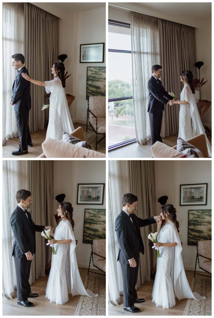 Bride and groom sharing a first look in their hotel room before their Bowie House wedding in Fort Worth, standing by a large window overlooking the city in soft natural light.