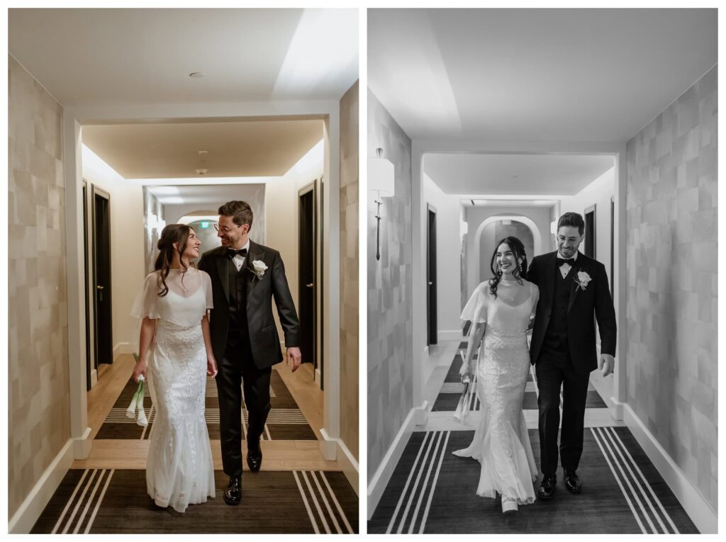 A bride and groom share a candid moment walking down the hotel hallway before their Bowie House wedding in Fort Worth.