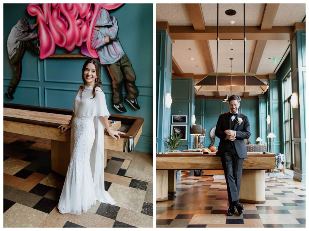 Bride and groom portraits in the Billet Room at the Bowie House, a modern western Fort Worth wedding venue.